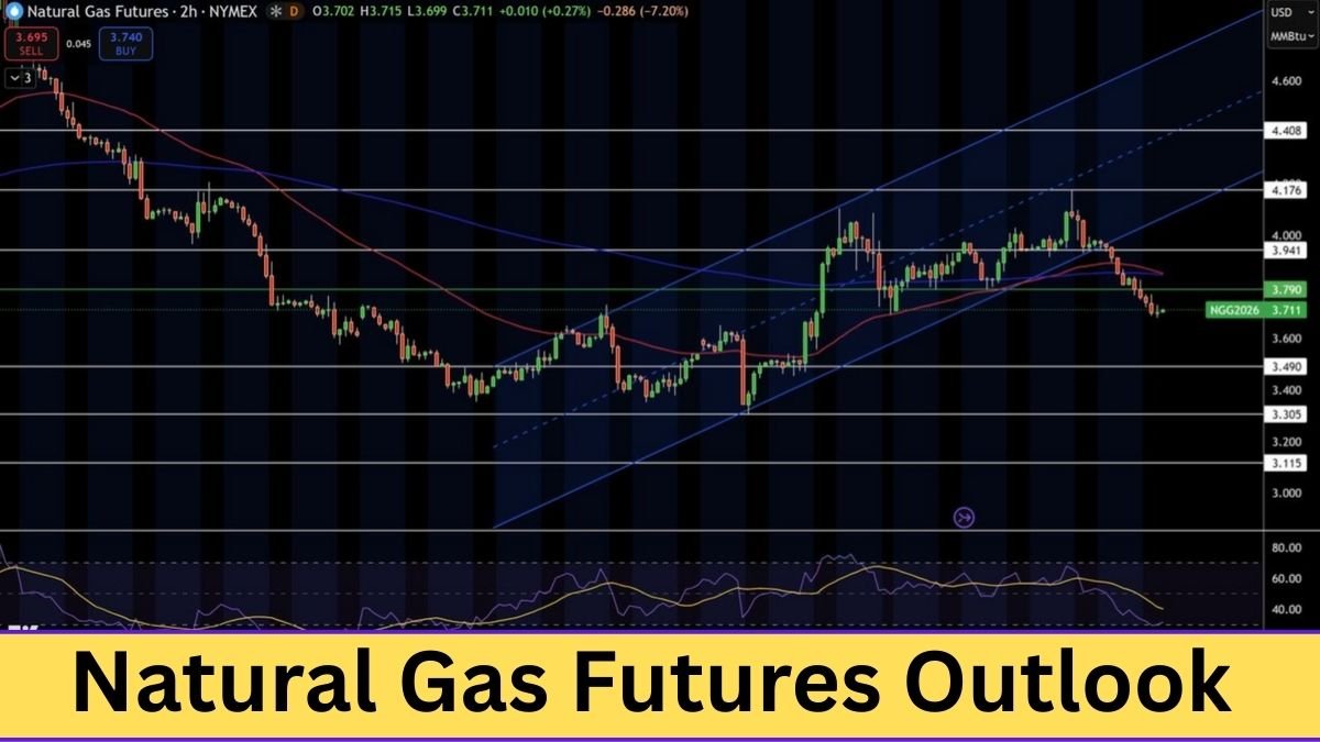 Natural gas prices 2026 chart showing futures trends, support at $3.65, resistance at $3.95, and EMA/RSI indicators