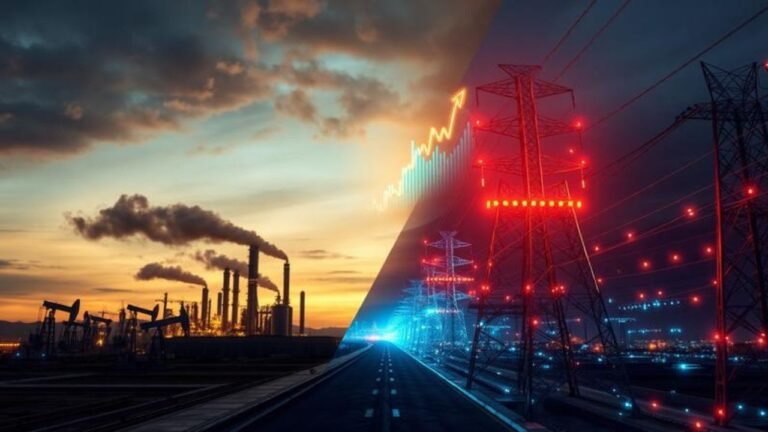 Oil and energy market outlook for 2026 showing oil rigs alongside AI data centers and rising electricity demand in the US