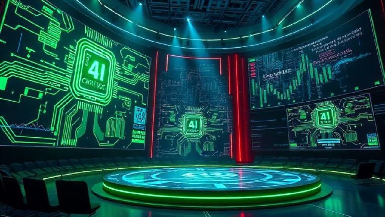 Futuristic AI and semiconductor technology showcased at a major tech conference highlighting AI investment trends in 2026