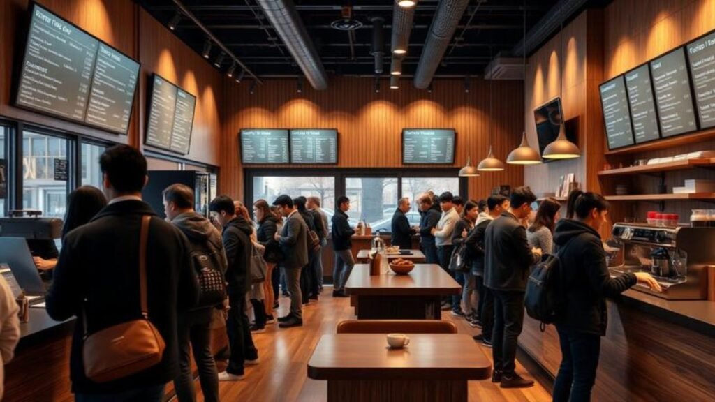 Modern coffee shop interior showing efficient service and improved customer experience.